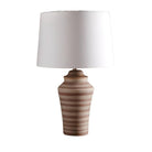 Terracotta table lamp with striped base and white cotton shade
