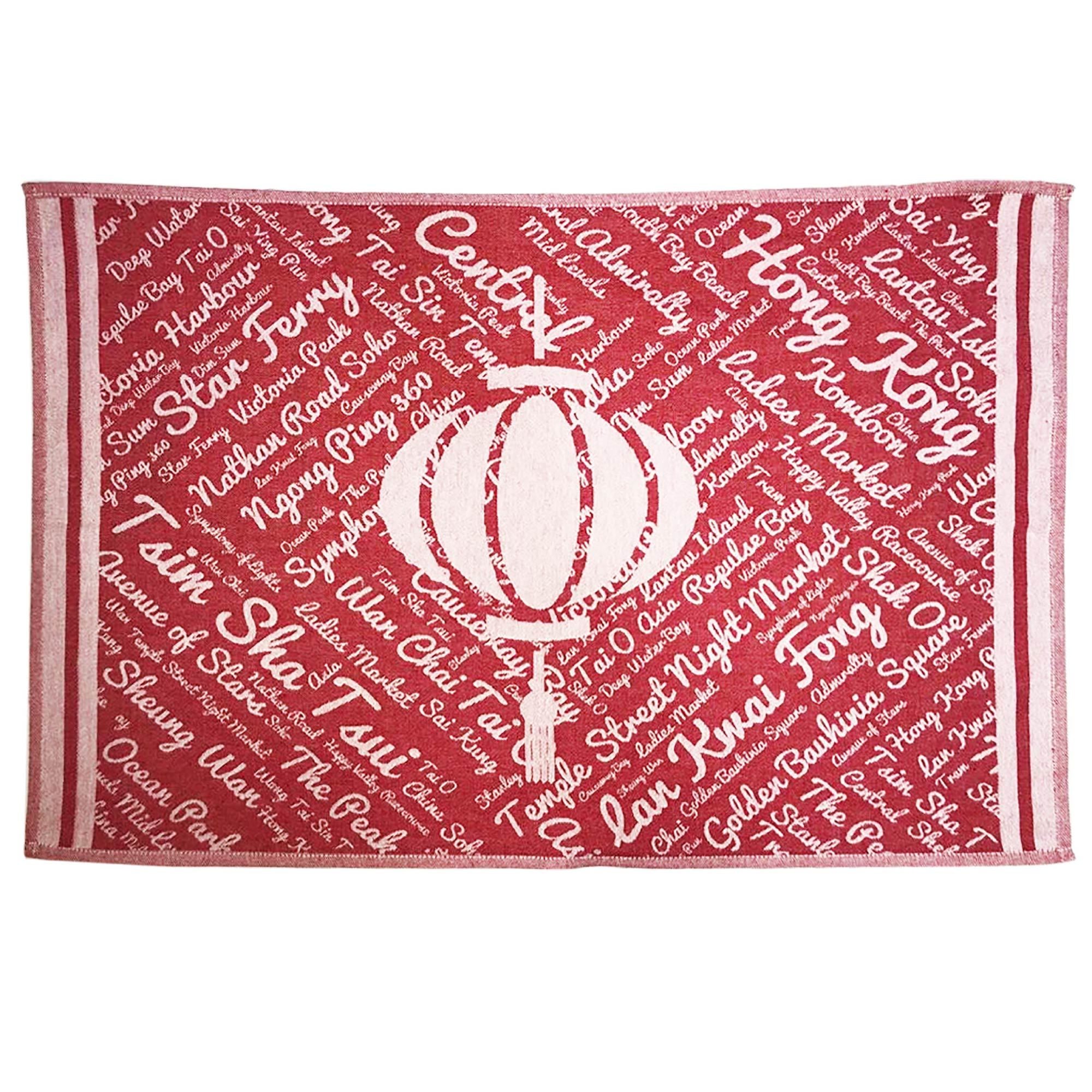 Red Hong Kong themed tea towel, cotton, close view