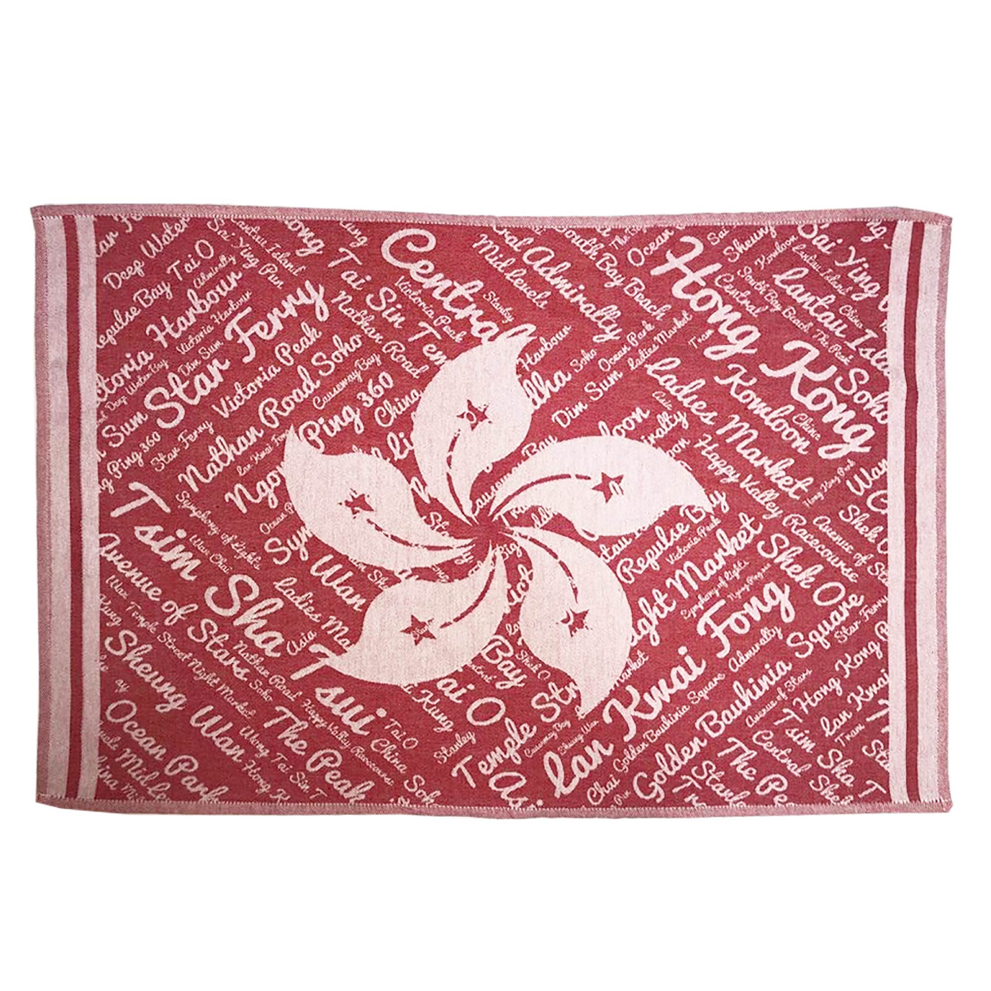 Red Hong Kong tea towel, woven cotton, styled