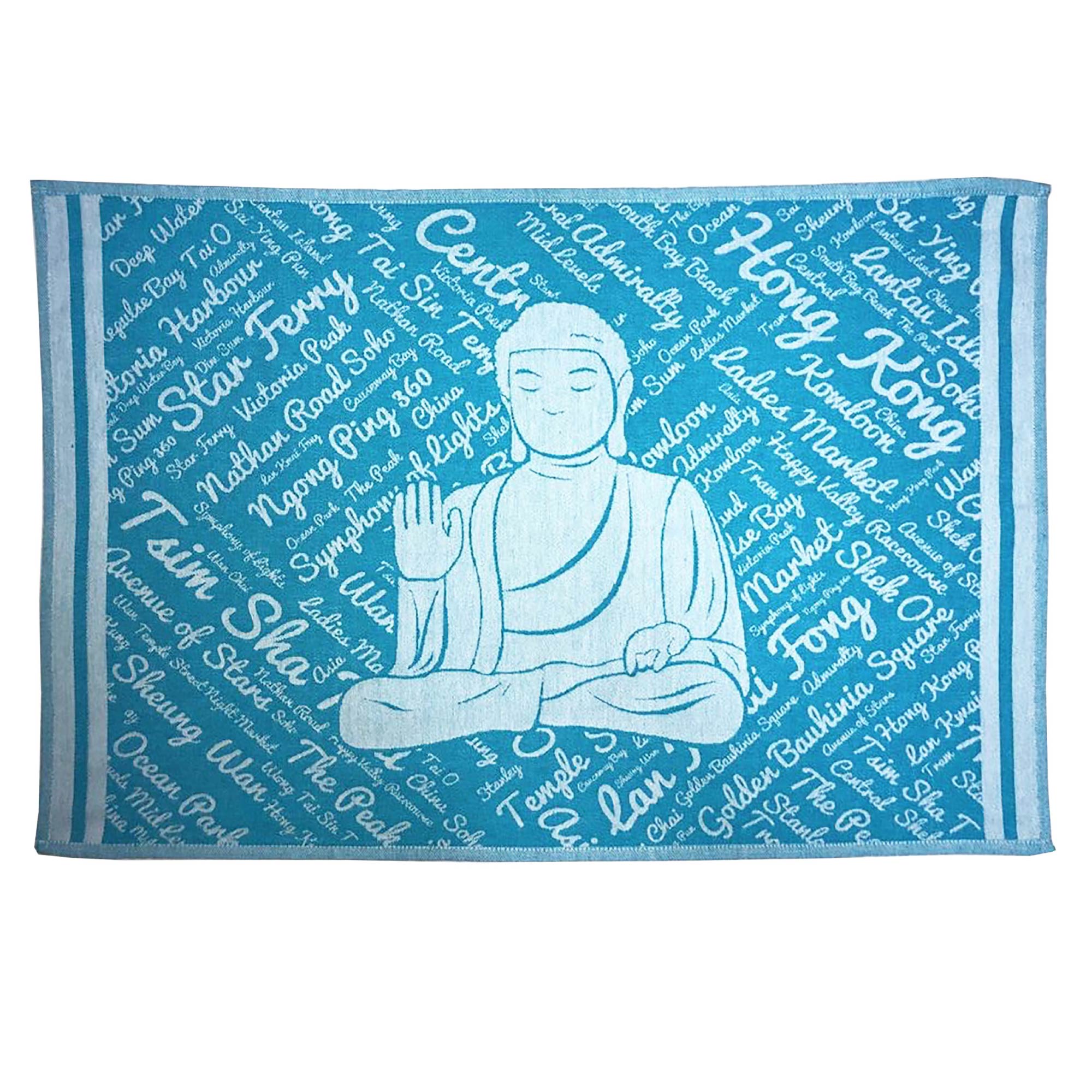 Turquoise Hong Kong themed tea towel, cotton, design detail