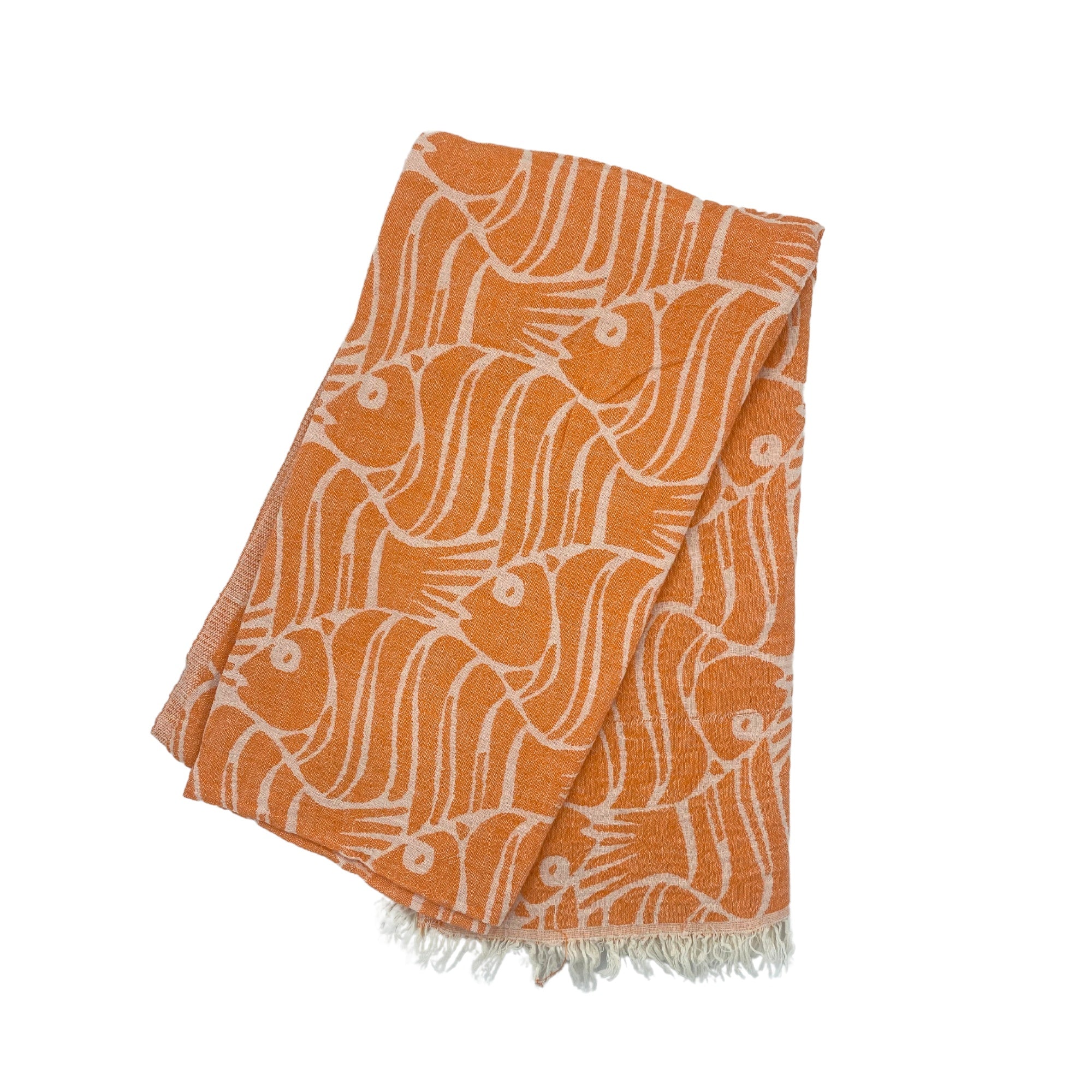 Fish design Turkish beach towel in orange, flat weave cotton, 88 x 175cm