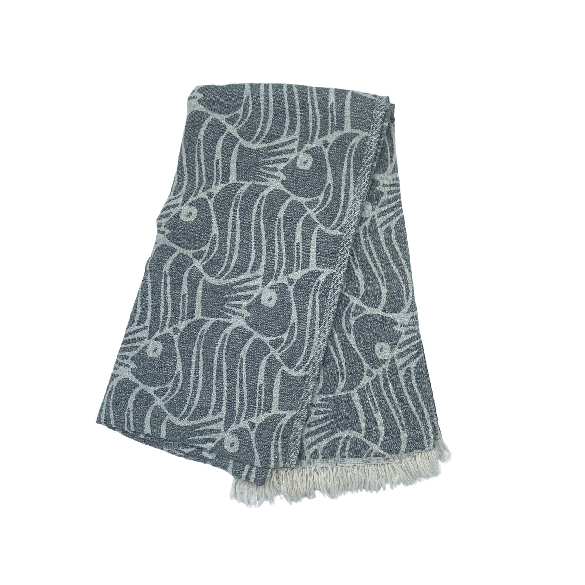 Fish design Turkish beach towel in taupe, flat weave cotton, 88 x 175cm