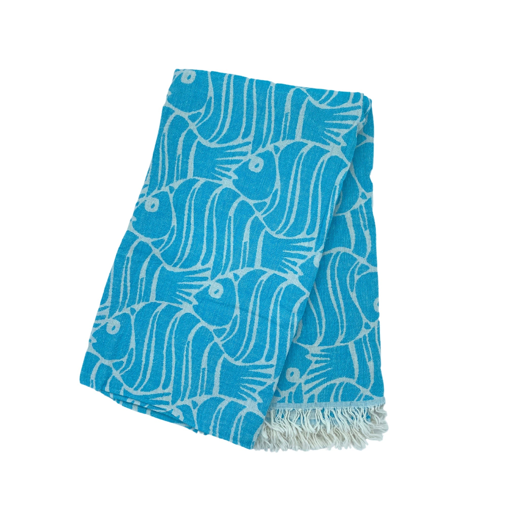 Turquoise fish design Turkish towel, soft quick-drying cotton, styled
