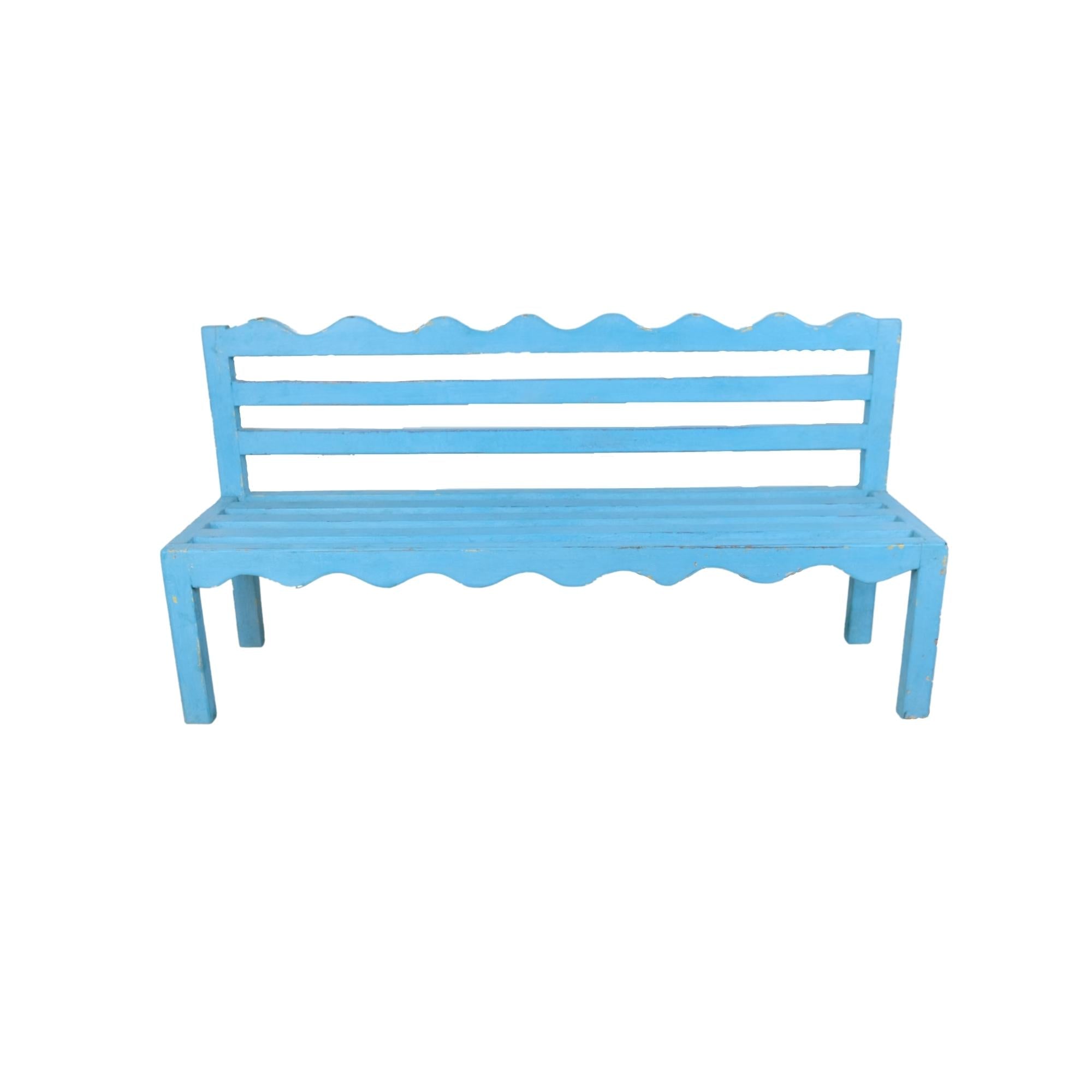 Turquoise painted teak child's bench, made in India, detail