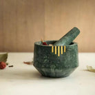 Verde green marble mortar and pestle with brass inlay, 11.5 x 11.5 x 8cm