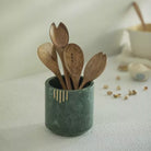 Verde green marble utensil holder with brass inlay, 12.5 x 12.5 x 12.5cm