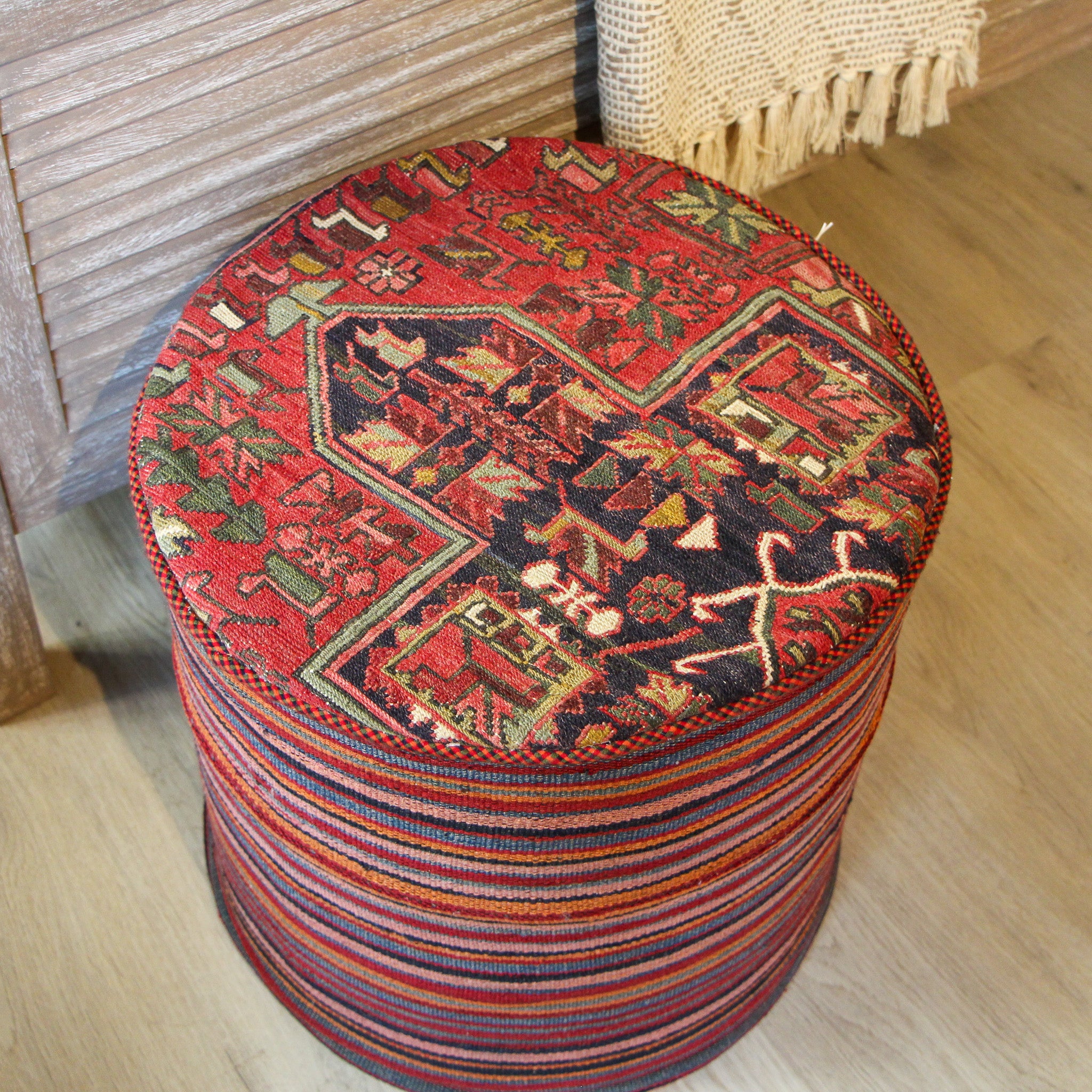 Vintage carpet pouf cover, upcycled kelim, wool, styled