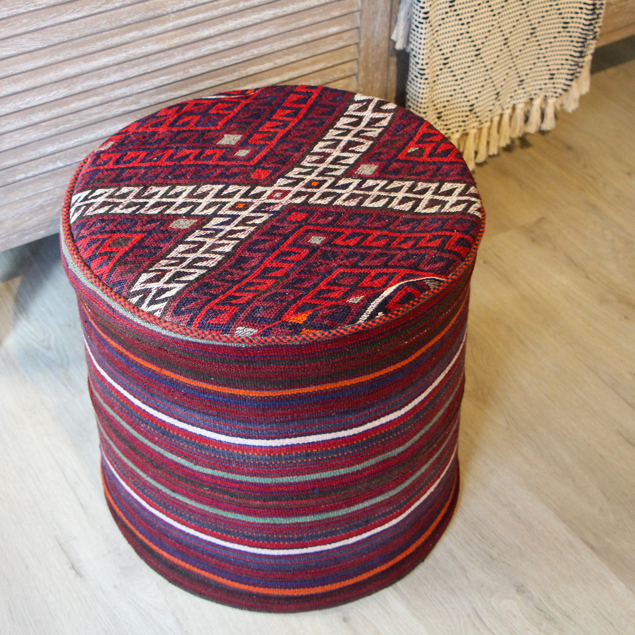 Vintage kelim carpet pouf cover, bohemian, wool, detail view