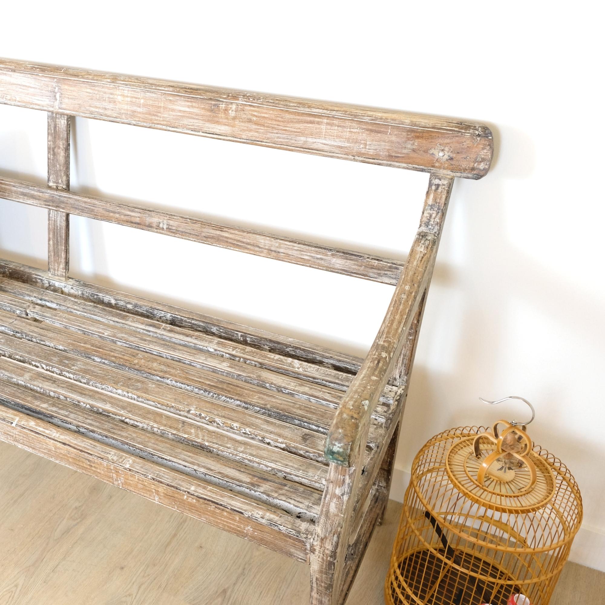 Vintage limed teak bench, sturdy seat, side view