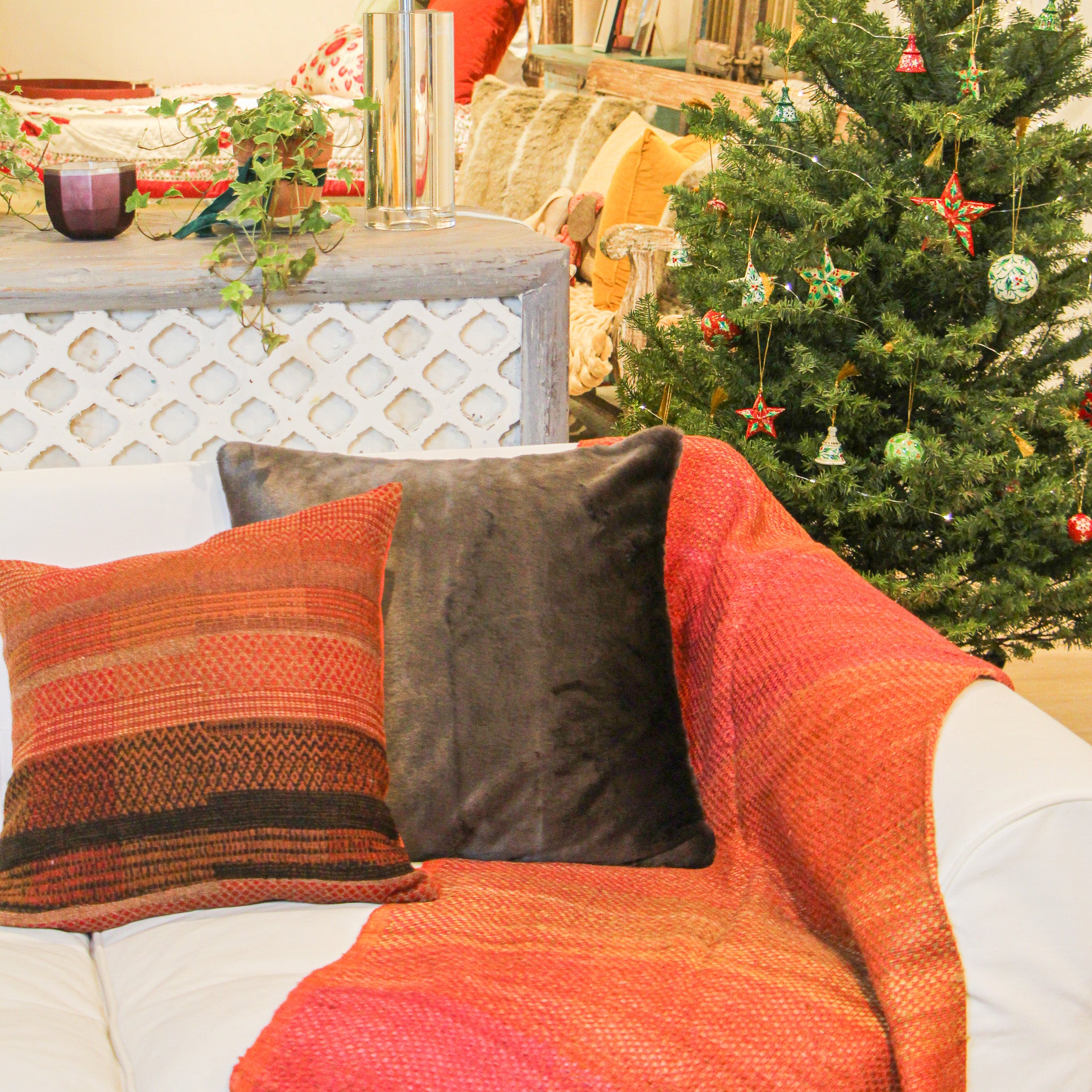 Warm red handwoven silk and linen throw, detail, India