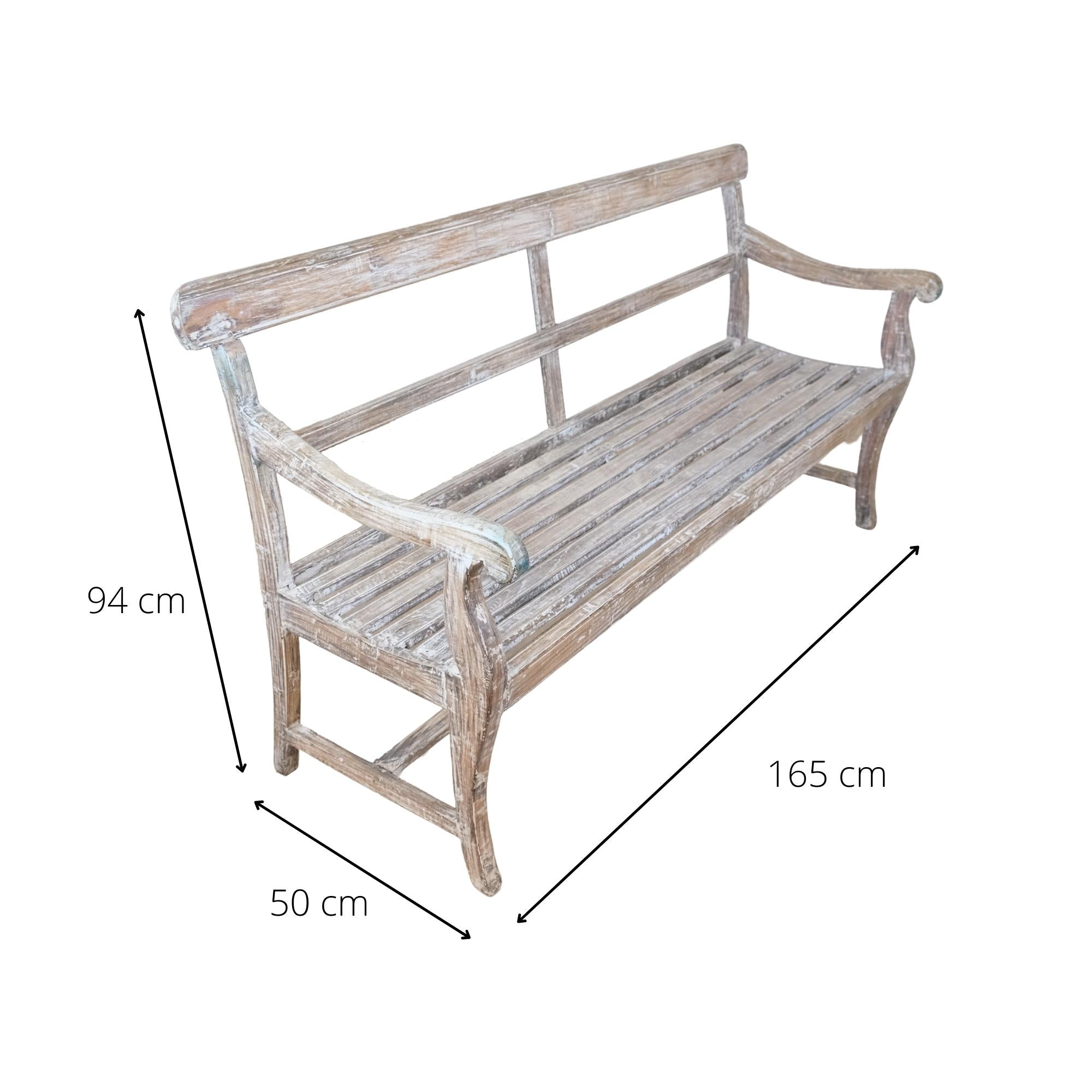 White limed teak bench, vintage, angled view