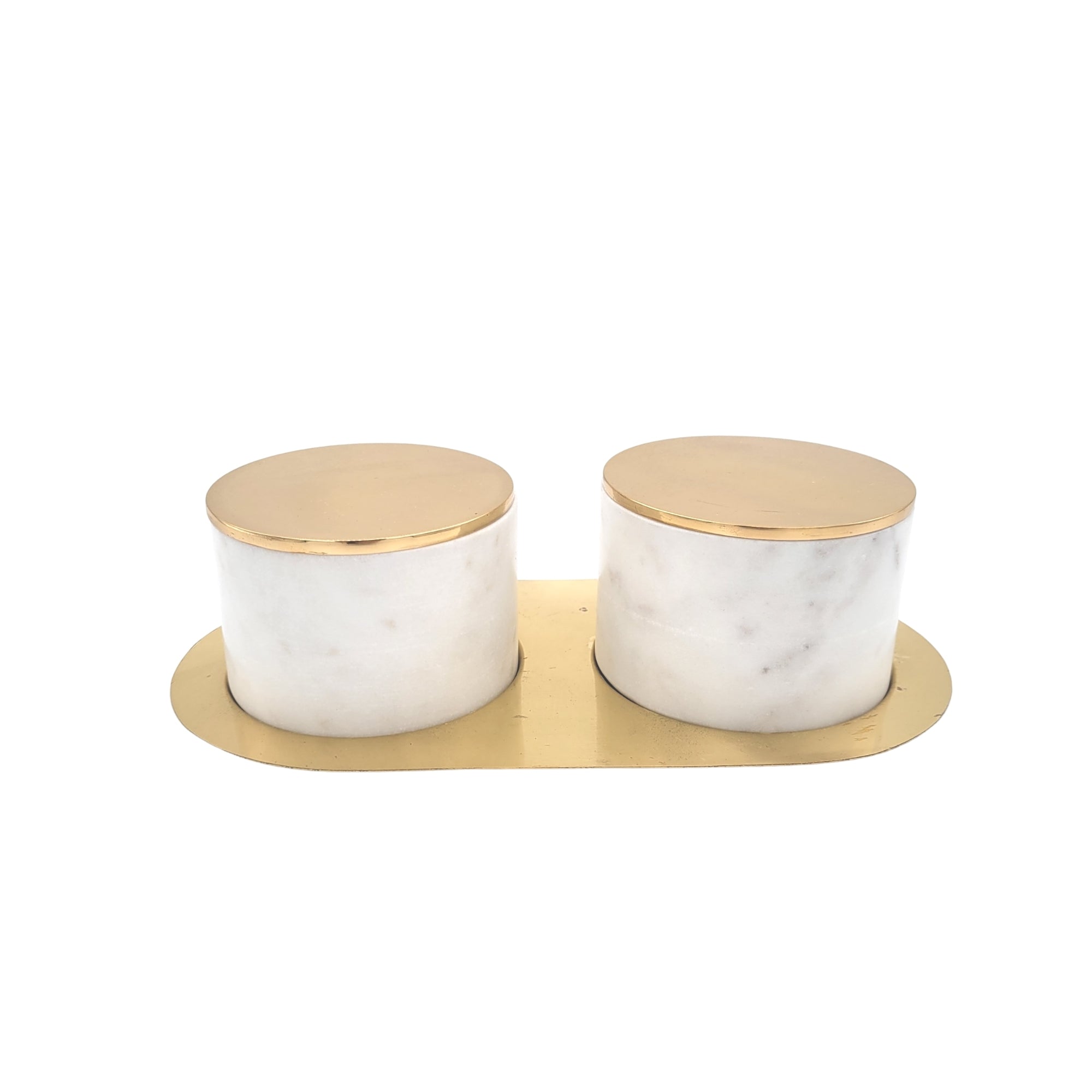 Marble condiment jars with brass lids, set of two, detail