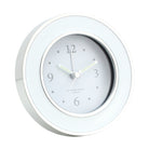 Round white enamel and silver silent alarm clock with glow-in-the-dark hands