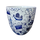 Willow pattern Chinese tea cups in blue by Faux, set of two, ceramic, 8 cm, Hong Kong harbour design